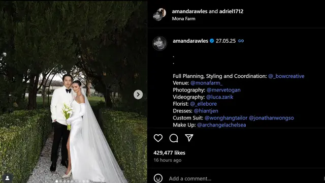 Pernikahan Romantis Amanda Rawles dengan Adriel Susanteo di Australia, Diiringi Lagu A Thousand Years